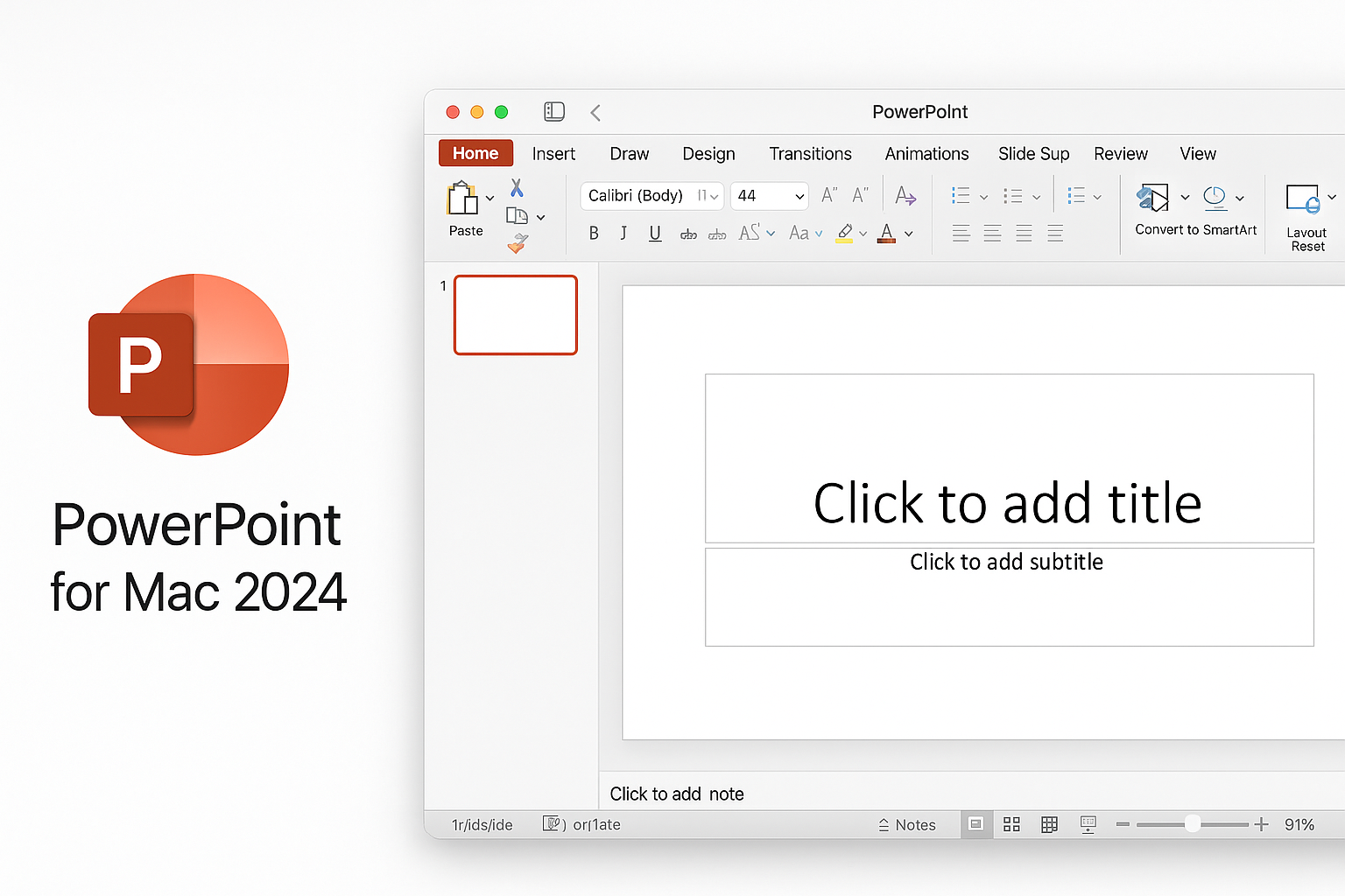 screenshot of powerpoint for Mac 2024, the left side a powerpoint for Mac 2024 logo, title, powerpoint for Mac 2024