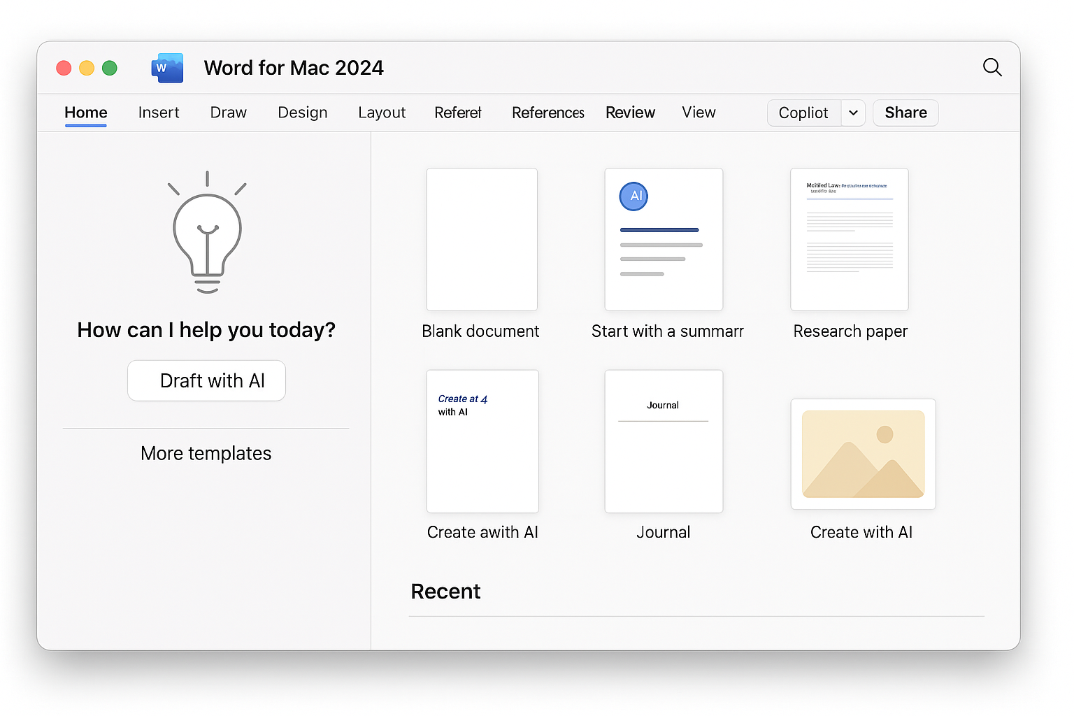 screenshot of word for Mac 2024 app in Mac, templates, AI options, good title, Word for Mac 2024 with word logo