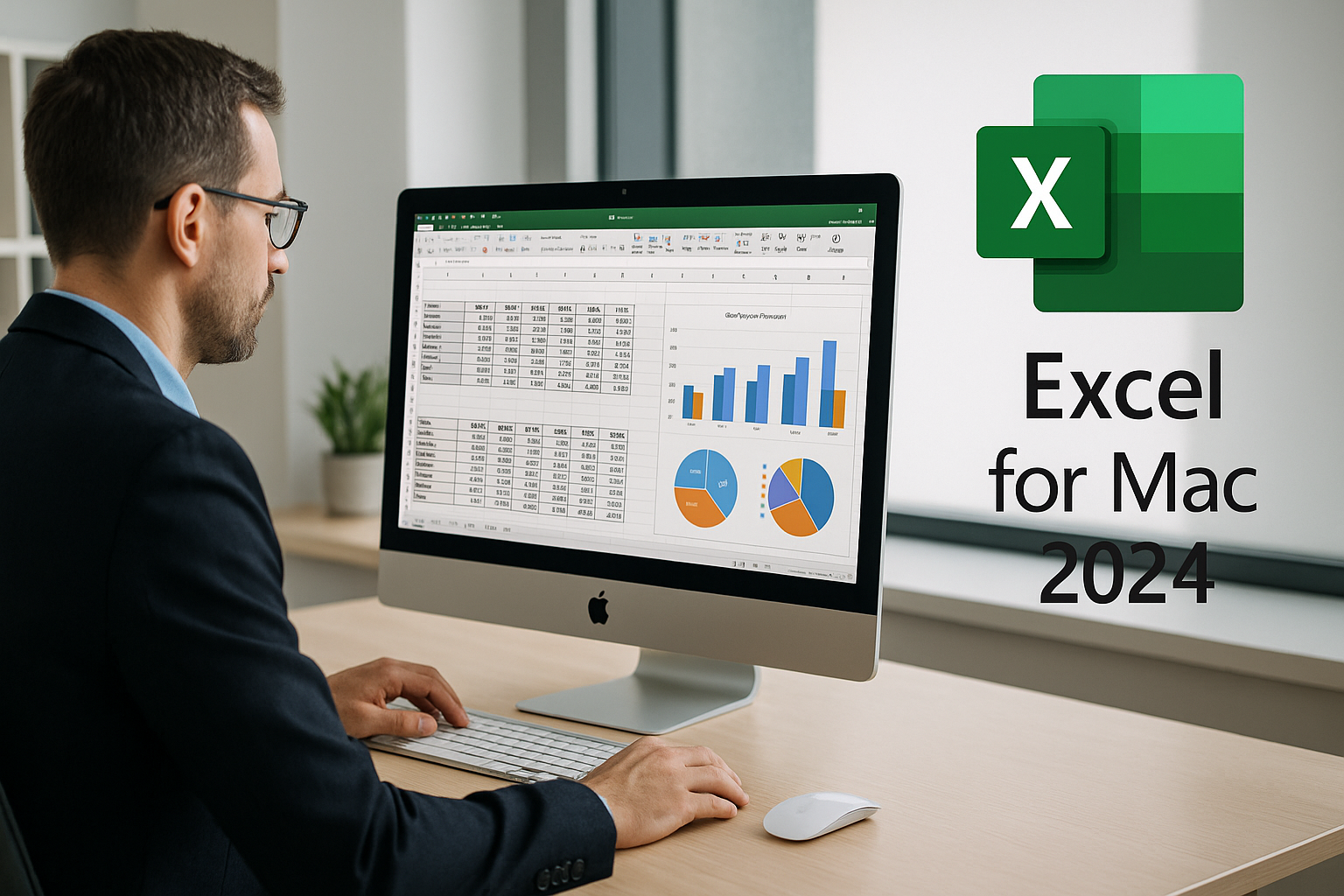 a person setting in an office using a Mac using excel for Mac 2024, left side of the image, excel logo, and text Excel for Mac 2024