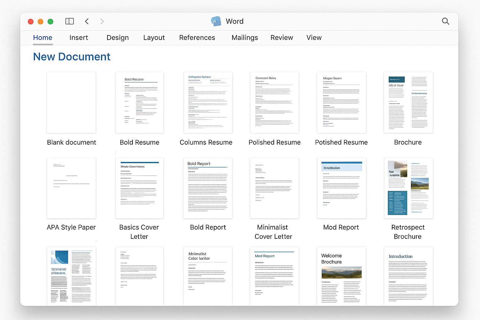 screenshot image from microsoft word for Mac 2024 internal app, like templates windows